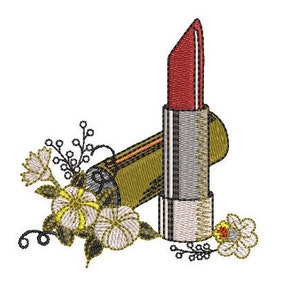 May include: A red lipstick tube with a gold and silver case, surrounded by a floral design with white flowers and green leaves.