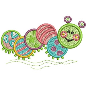 May include: A colorful embroidered caterpillar with a smiling face. The caterpillar is made up of circles with different patterns, including polka dots, stripes, and swirls. The caterpillar is green, pink, blue, yellow, and orange.