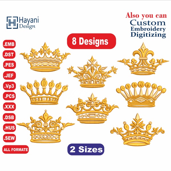 Crown  Embroidery Designs/8 Designs & 2 Size/ Crown Machine Embroidery Designs/  Files Instant Download