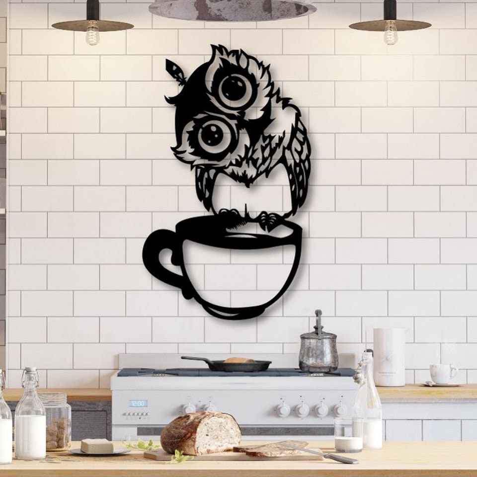 Kitchen Wall Art Owl Sitting On Cup  CDR, SVG Cut File, Natural dxf files, Cut File, Wall Art Dxf, L
