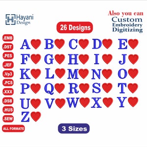Alfabeto e coração /Letras coração /Desenhos de bordado de A a Z/3 tamanhos-1,3, 1,9 e 2,5 cm/Desenhos de letras e coração/Download instantâneo