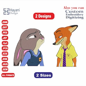 Könnte beinhalten: Zwei Stickmuster mit Figuren aus dem Animationsfilm Zoomania. Das erste Muster zeigt Judy Hopps, ein Kaninchen in einer blauen Polizeiuniform. Das zweite Muster zeigt Nick Wilde, einen Fuchs in einem gelben Hemd und einer lila Krawatte. Der Text "2 Designs" und "2 Sizes" ist ebenfalls im Bild enthalten.