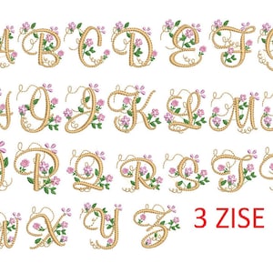 Arquivo de desenhos de bordado de alfabeto floral, design de flor de 3 tamanhos, desenhos de bordado de fonte, bordado de letras, desenhos de bordado
