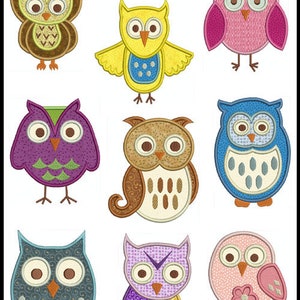 May include: Nine colorful applique owl designs. The owls are in various colors, including brown, yellow, purple, blue, pink, and gray. Each owl has large eyes and a beak. The designs are perfect for embroidery projects.