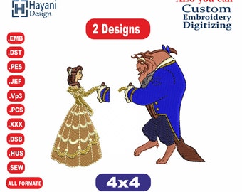 プリンセスベルと野獣の刺繍デザイン、プリンセスベルの刺繍デザイン、野獣の刺繍デザイン、2つのデザイン