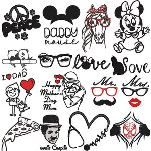 May include: A collection of 16 embroidery designs featuring various themes, including peace, love, family, and popular characters like Mickey Mouse and Spiderman. The designs are in black and white with red accents.