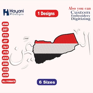 May include: An embroidery design of the flag of Yemen in the shape of the country's outline. The design is available in six sizes and in multiple formats, including EMB, DST, PES, JEF, VP3, PCS, XXX, DSB, HUS, and SEW. The design also includes the Arabic word for "God" in white.