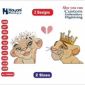 May include: An embroidery design showing two lioness faces. One lioness wears a daisy crown, the other a gold crown. The image includes the text "2 Designs", "Also you can Custom Embroidery Digitizing", and "2 Sizes".
