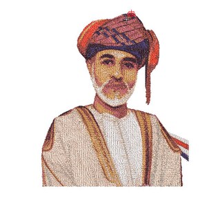 May include: A portrait of a man wearing a traditional Omani turban with a red and white pattern. He is wearing a white robe with gold trim.