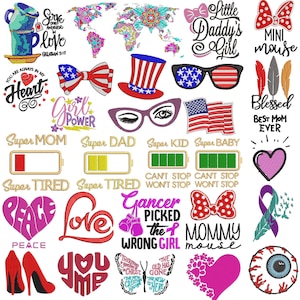 Könnte beinhalten: Eine Sammlung farbenfroher Stickmuster mit verschiedenen Themen, darunter Liebe, Familie, Glaube und inspirierende Botschaften. Die Designs beinhalten Herzen, Blumen, Schmetterlinge und andere dekorative Elemente.