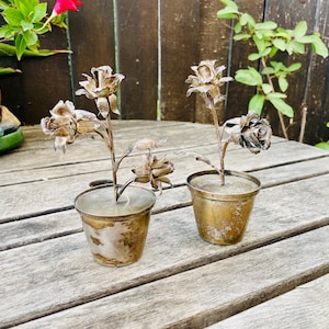 Op de afbeelding: Twee zilveren rozenbloemstukken in kleine gouden potten. De rozen zijn gedetailleerd en realistisch, met delicate bloemblaadjes en stelen.