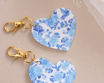 Blue & White Floral Heart Bag Charm/ Keychain