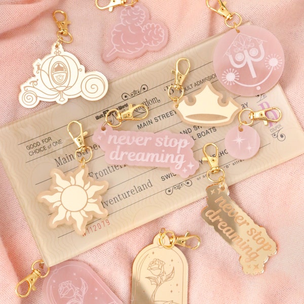 May include: A set of nine gold-tone keychains with various Disney-themed charms. The charms include a Cinderella carriage, a sun, a rose in a glass dome, a crown, a castle, and two charms with the text "never stop dreaming".