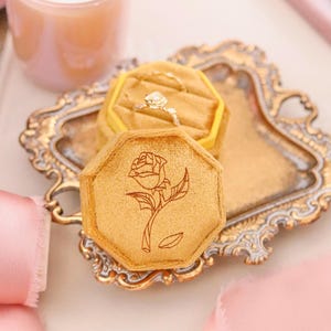 Velvet Gold Enchanted Rose Ring Box, Wedding, Engagement, Princess Wedding