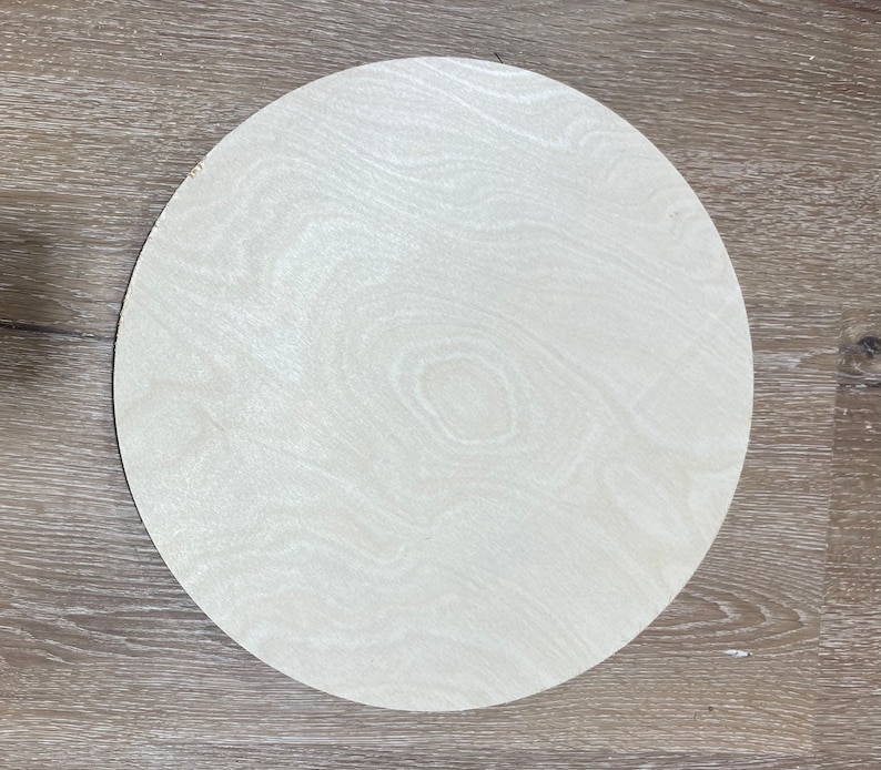 May include: A round, white wooden disc with a wood grain pattern. The disc is smooth and appears to be unfinished.