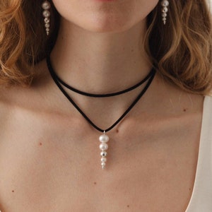 Conical Pearl Pendant Necklace: Sterling Silver, Faux Suede Cord