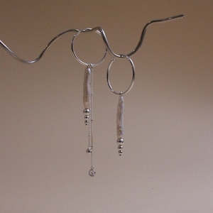 Asymmetrical 925 Sterling Silver Earrings, Biwa Pearl Hoop Earrings
