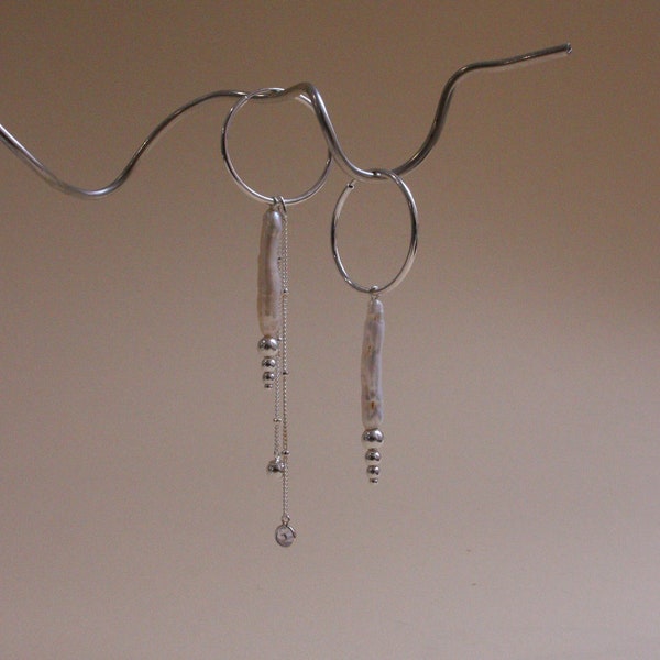 Asymmetrical 925 Sterling Silver Earrings, Biwa Pearl Hoop Earrings