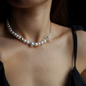 Comet Freshwater Pearl Toggle Clasp Necklace, Sterling Silver Pearl Necklace