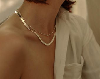 Sterling Silver 925 Herringbone Choker: Minimalist Snake Chain Necklace