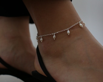 Dainty Freshwater Pearl Anklet: Sterling Silver Ankle Bracelet
