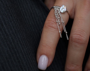 Baroque Pearl Sterling Silver Ring with Chain Tassel
