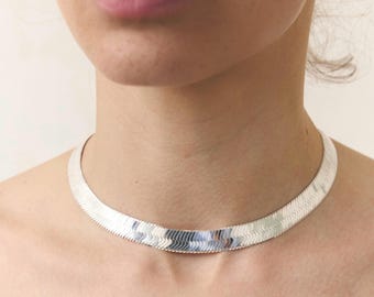 Sterling Silver 925 Herringbone Choker: Minimalist Snake Chain Necklace