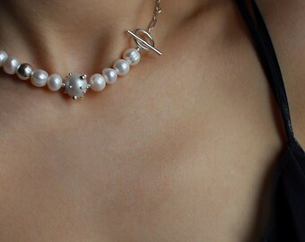 Sterling Silver Pearl Necklace, Dainty 925 Silver Drops Necklace