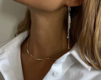 Asymmetrical 925 Sterling Silver Earrings, Biwa Pearl Hoop Earrings