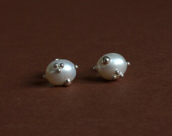 Tiny Baroque Pearl Stud Earrings, Sterling Silver Dainty Pearls