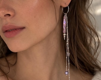 Asymmetrical Purple Baroque Pearl Earrings: Sterling Silver Dangle Hoop Earrings