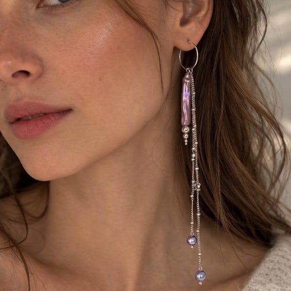 Asymmetrical Purple Baroque Pearl Earrings: Sterling Silver Dangle Hoop Earrings
