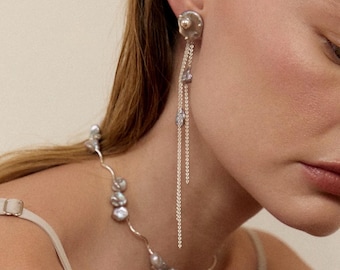 Dainty Gray Baroque Pearl Studs, Sterling Silver Tassels Earrings