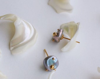 18k Gold Plated Freshwater Gray Pearl Studs Earrings, 18k Vermeil Sterling Silver Baroque pearls