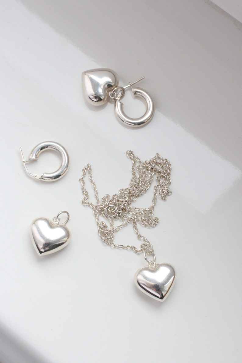 Big heart necklace, 925 sterling silver necklace with heart charm, chunky heart pendant necklace, puffy heart on a chain image 3