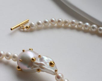 Vermeil Baroque Pearl Necklace, Sterling Silver Gold Plated Toggle Necklace