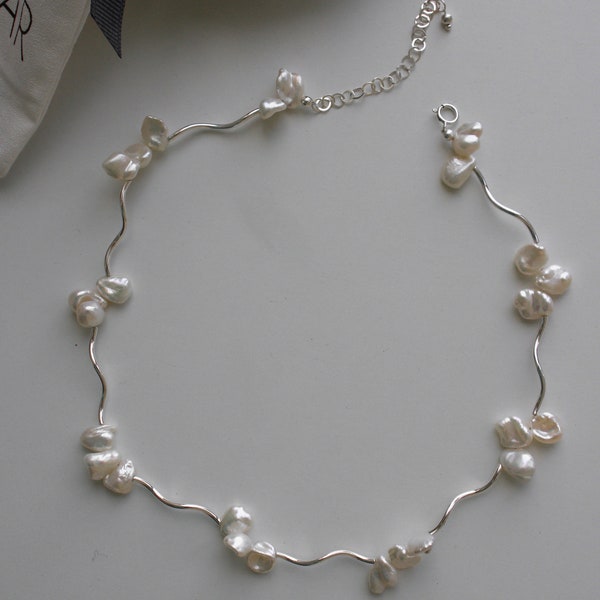 Sterling Silver Baroque Pearl Choker: Wavy Tube Necklace