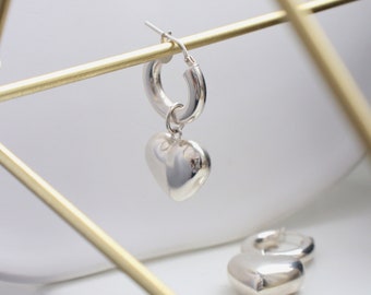 Hoop heart earrings, 925 sterling silver hoops with heart charm, chunky earrings, puffy silver hoop earrings