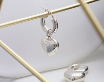 Sterling Silver Hoop Heart Earrings: Chunky Puffy Charms
