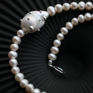 Baroque pearl necklace, Freshwater Pearl Toggle Clasp Sterling Silver Necklace, White round Pearl Necklace