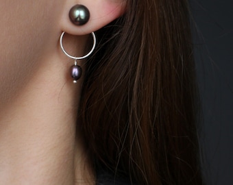 Dainty Dangle Black Pearl Stud Earrings: 925 Sterling Silver Minimalist Earrings