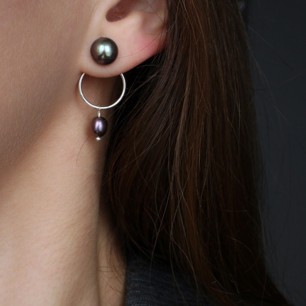 Dainty Dangle Black Pearl Stud Earrings: 925 Sterling Silver Minimalist Earrings