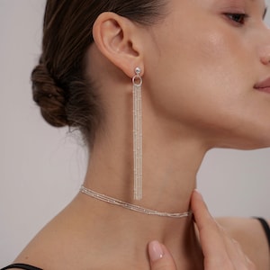 Sterling silver dangle earrings, statement bridal earrings, long chain earrings, dainty tassel earrings, valentine day gift, modern earrings