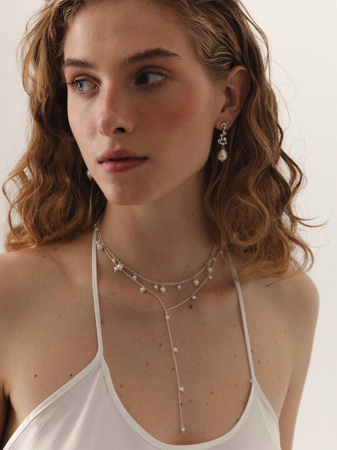 Asymmetrical Pearl Drop Earrings: Sterling Silver Bridal Dangles