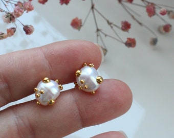 18k Gold Plated Freshwater Pearl Studs Earrings, 18k Vermeil Sterling Silver