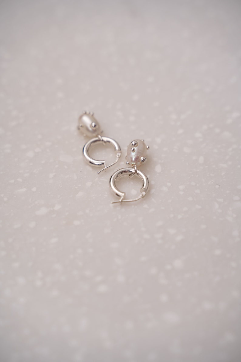 Freshwater Pearl Dainty Hoop Earrings Inlayed 925 Sterling Silver Drops image 1
