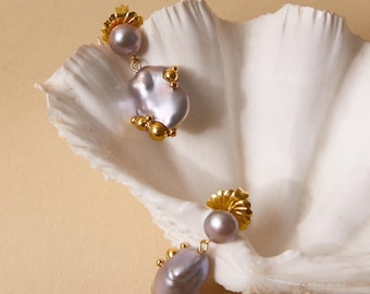 18k Gold Plated Freshwater Baroque Gray Pearl Studs Earrings, 18k Vermeil Sterling Silver Baroque pearls