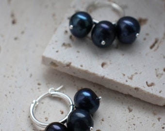 Black pearl hoops, sterling silver hoop earrings with peacock pearls