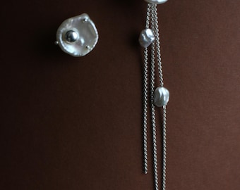 Dainty Baroque Pearl Studs, Sterling Silver Tassels Earrings