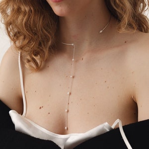 Sterling Silver Pearl Lariat Necklace: Minimalist Bridal Y Necklace